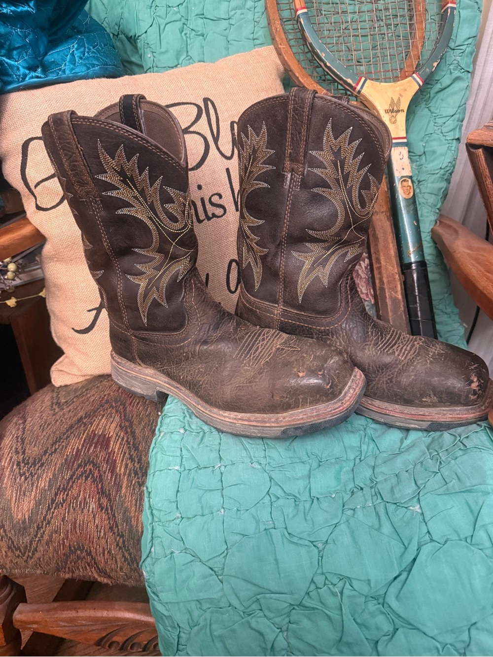 Ariat Brown Leather Western Work Boots with Embroidered Stitching
